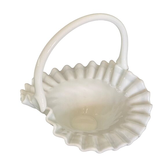 Milk Glass Basket Vintage Westmoreland Swirl Pattern Crimped Ruffle 6" x 6.5" - Picture 8 of 9